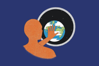 An illustration of an orange person touching a window looking at the planet earth.