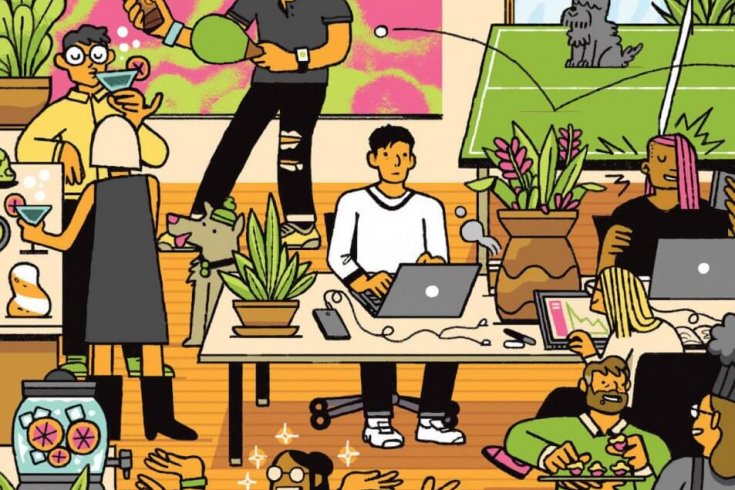 Illustration of chaotic shared office space