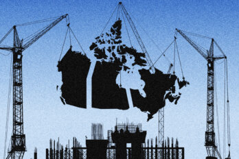 A photo illustration featuring a map of Canada with cranes holding up opposite ends of the country. There are a large gaps between provincial borders