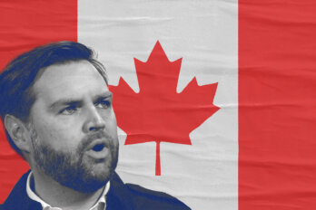 A photo illustration featuring a black-and-white headshot of J.D. Vance in front of a Canadian flag