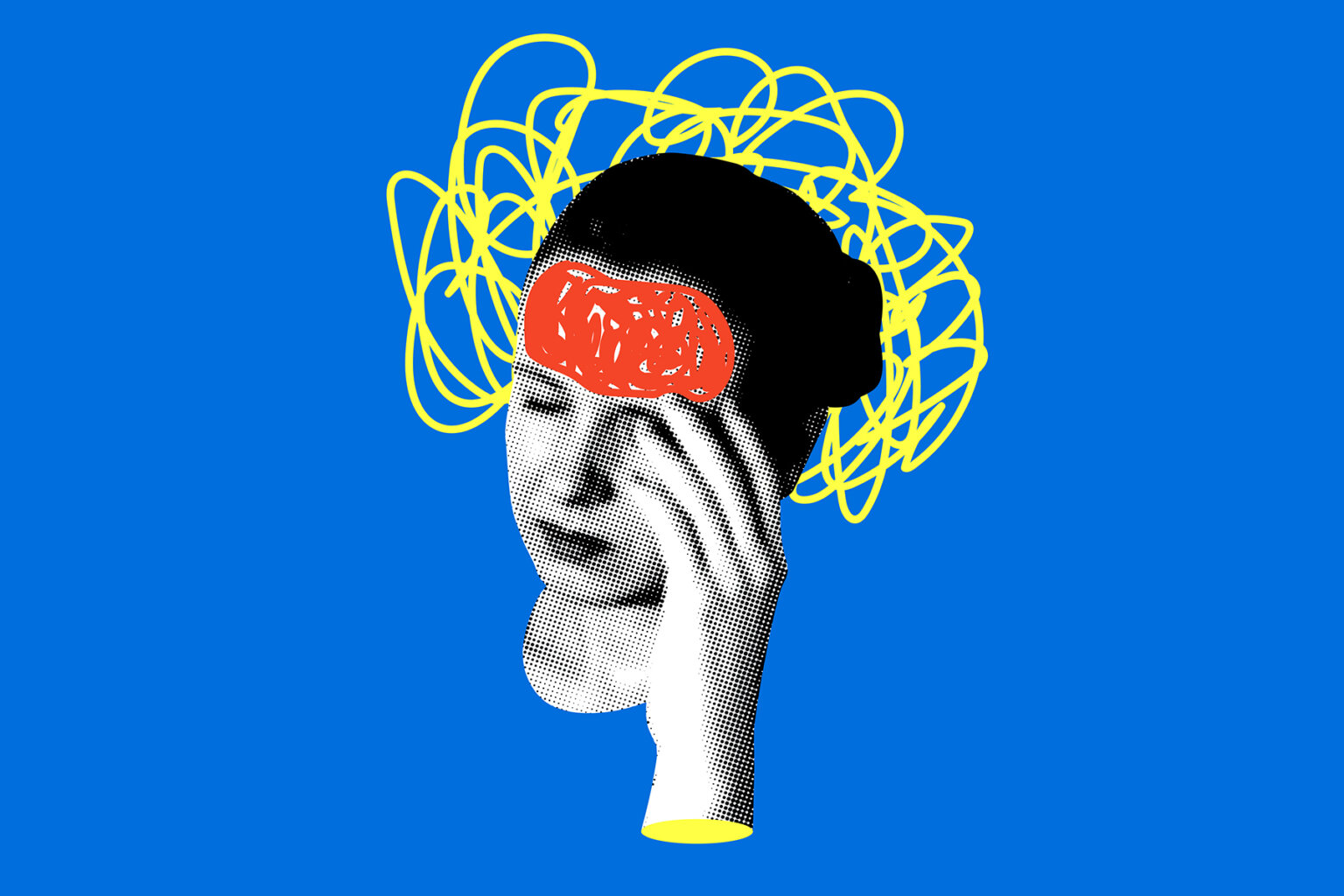 A photo illustration of a black-and-white, vintage-looking picture of a woman, eyes close, hand to face. There are yellow scribbles surrounding her head and red scribbles over her forehead.