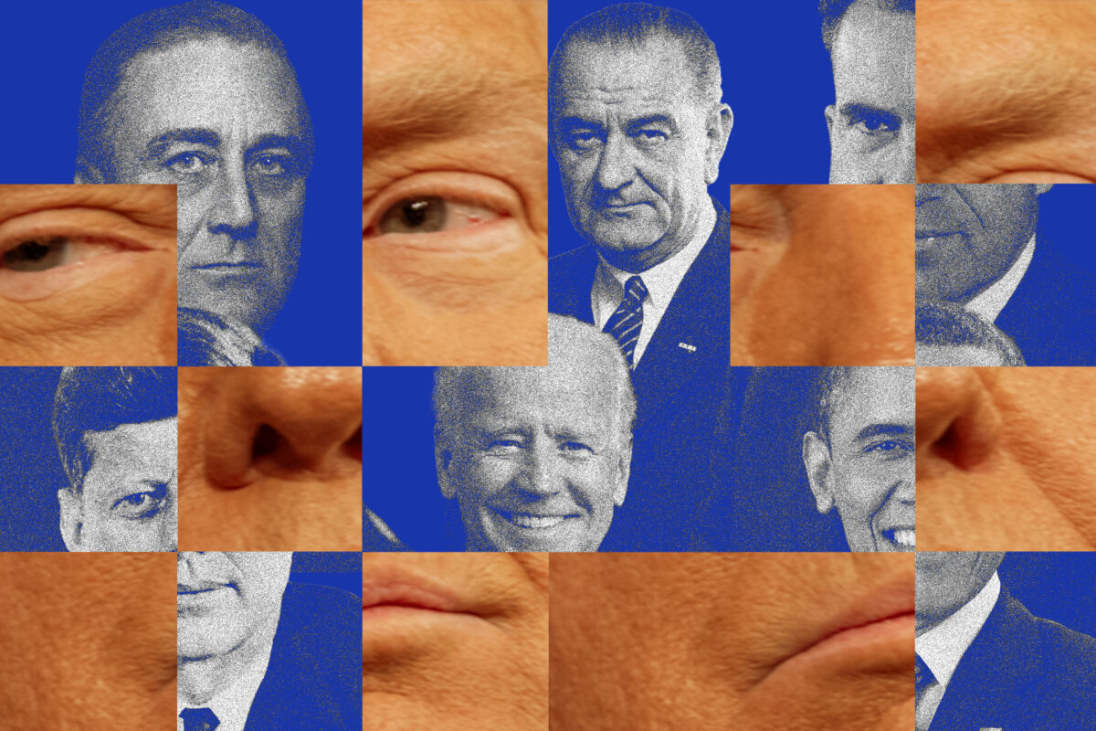 A photo illustration of scrambled squares of Trump's face. The no-Trump squares features Democratic presidents against a blue backdrop