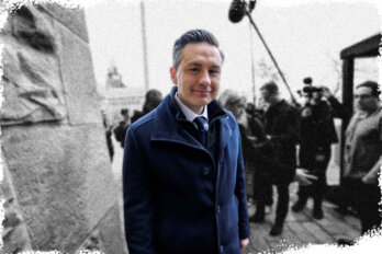 Image of Pierre Poilievre in a blue suit standing against a greyscale background.