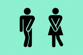 Two human icons holding their genitals as if they had to pee