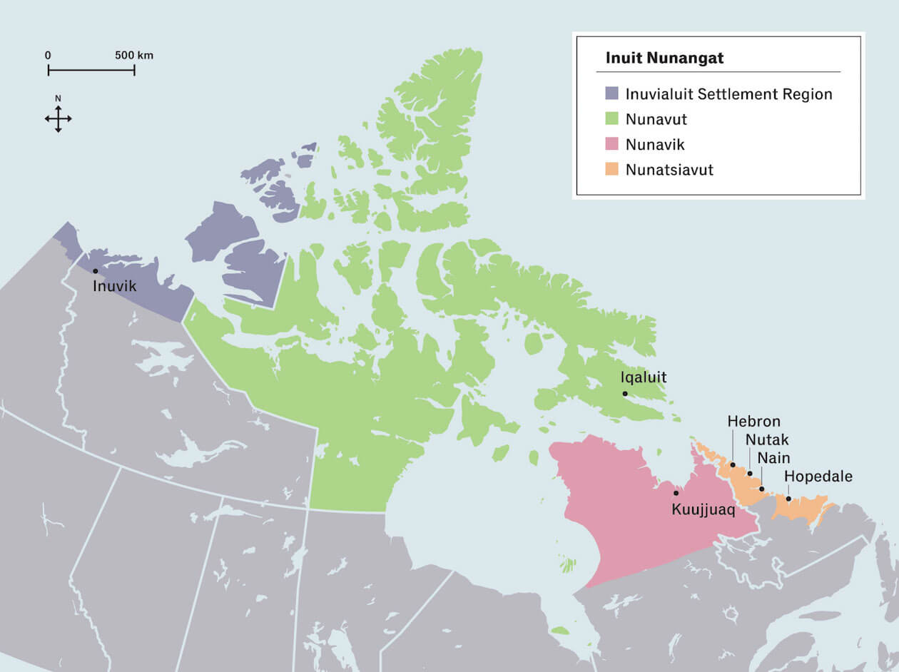 Map of Iqaluit, Inuvik, Kuujjuaq, Hopedale, Nain, Nutak, and Hebron regions