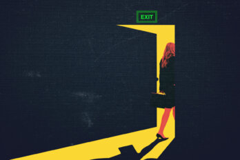 Illustration of a woman in a skirt and heels and carrying a briefcase walking through a door labelled "exit." Light streams through the door.