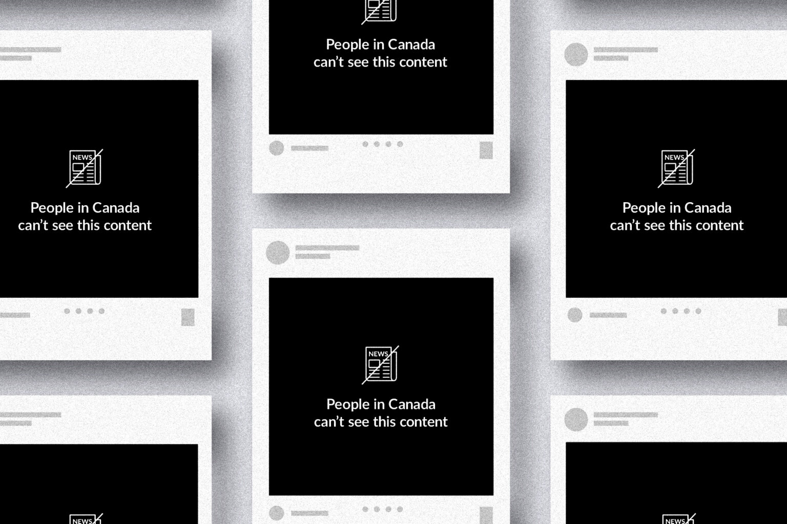 Photo illustration shows a collage of multiple frames, each of which reads "People in Canada can't see this content