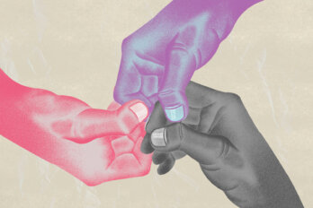 Photo illustration shows three hands in three colours holding one another