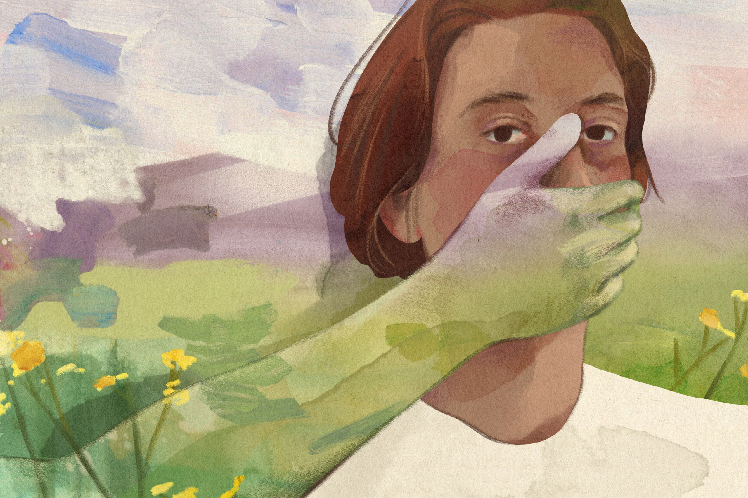Illustration
of a woman standing in front of a landscape painting. An arm that blends with the painting reaches out from the canvas to cover the woman's mouth.