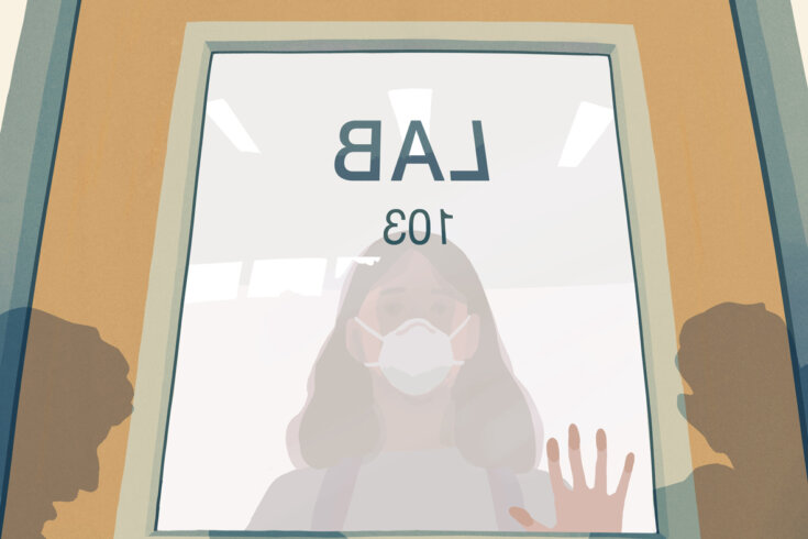Illustration of a door that reads lab with a person wearing a face mask looking through the window on the other side.