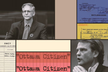 A collage featuring images of typewritten file and evidence cards and two black-and-white pictures: journalist David Pugliese, top left, and politician Chris Alexander, bottom right.