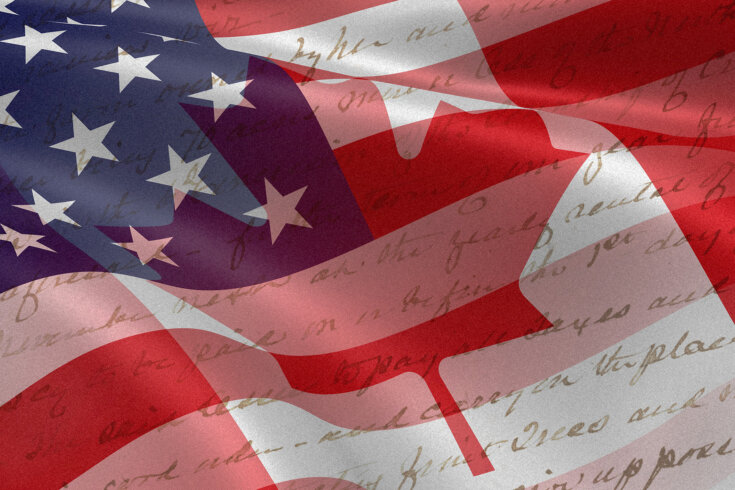 Image of the American and Canadian flags imposed on top of each other with cursive writing barely visible beneath.