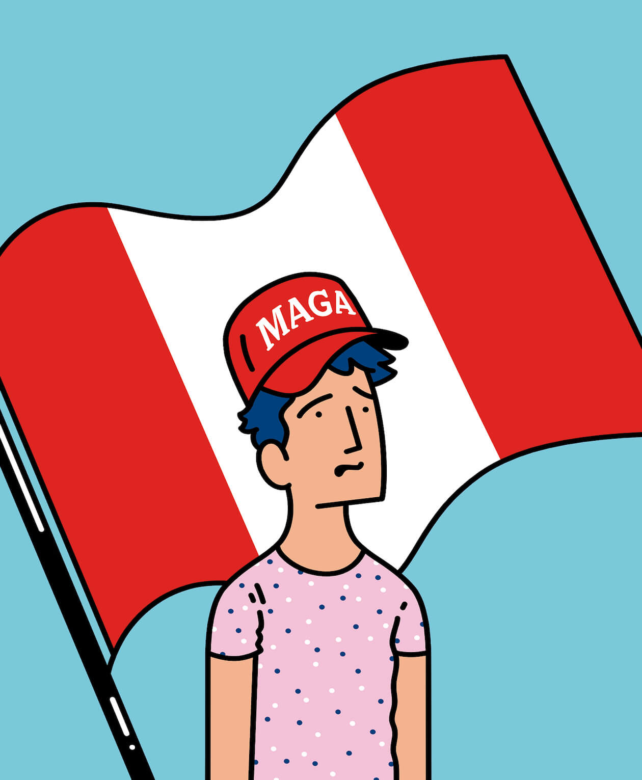 Illustration of a Man Wearing a MAGA Hat in front of a Canadian Flag