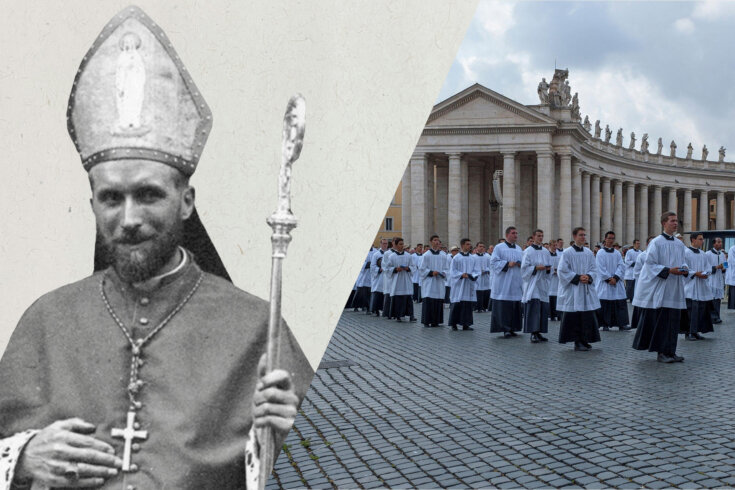 On the left" black and white image of a religious official dressed in robes, a cross, and mitre and holding a sceptre. On the right: a photo of a gathering outdoors in Vatican City featuring rows of men wearing white and black religious robes.