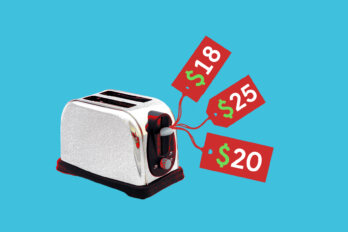 Image of a toaster with three read price tags attached, each one reading a different number: $18, $20, and $25.