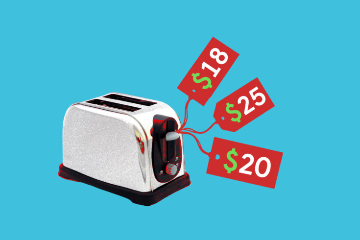 Image of a toaster with three read price tags attached, each one reading a different number: $18, $20, and $25.