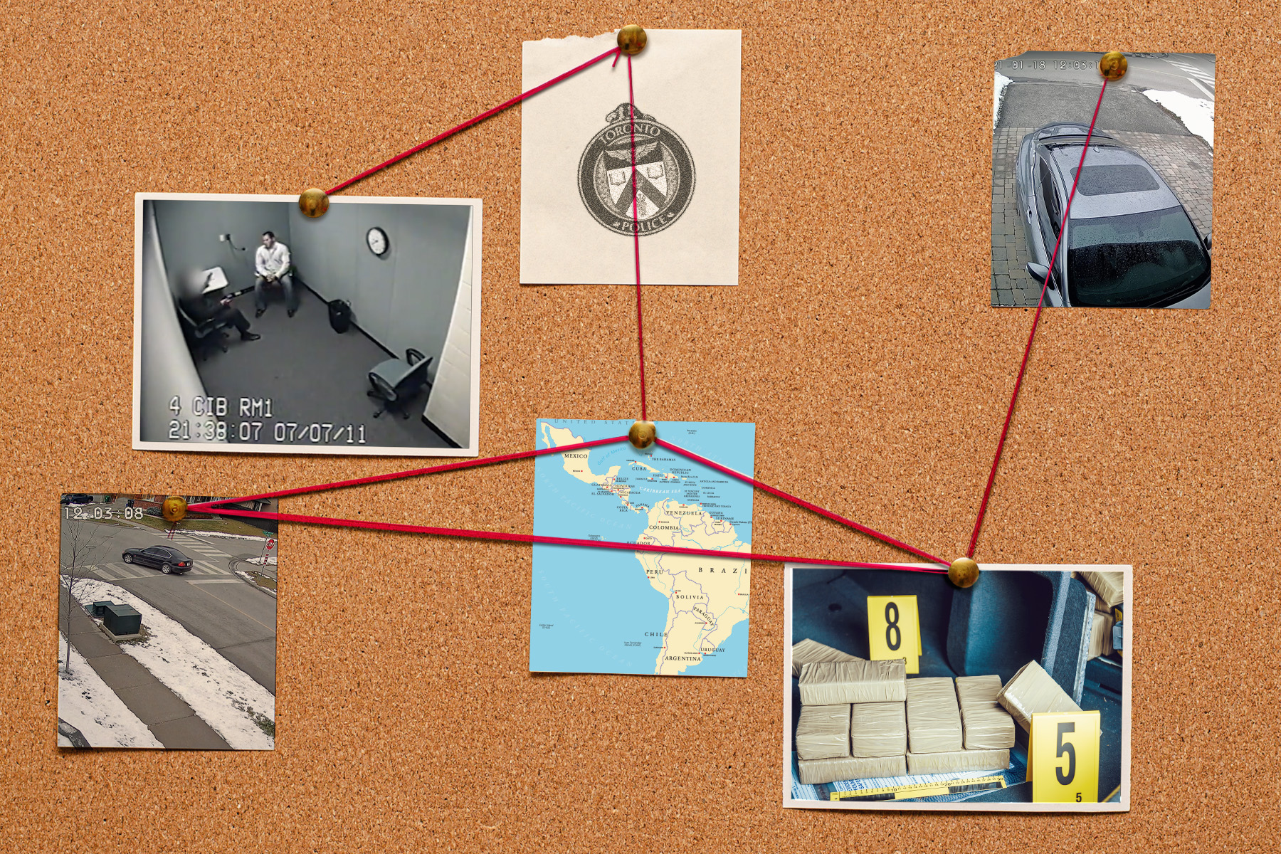 Image of a cork board with photos from Ontario Criminal Court exhibits tacked up on it and connected by red string.