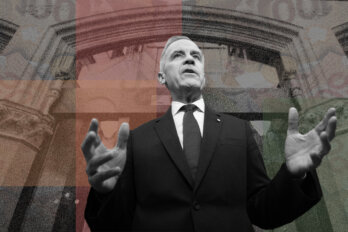 A photo illustration featuring Mark Carney in front of a bank. Lightly superimposed over the image are aspects of various Canadian dollar bill designs