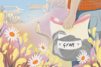 Someone holds a ziploc bag full of ashes labelled "gran" overlooking the sea.