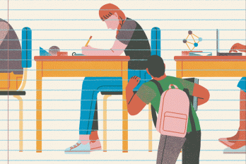 student looking through lines in paper like they were blinds