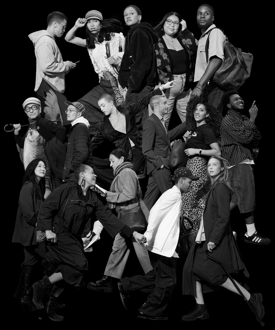 Montage of black and white photographs of various people