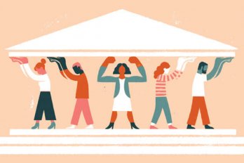A group of people holding up a roof