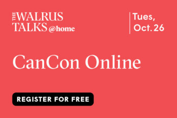 The Walrus Talks CanCon Online logo in white on a salmon background.