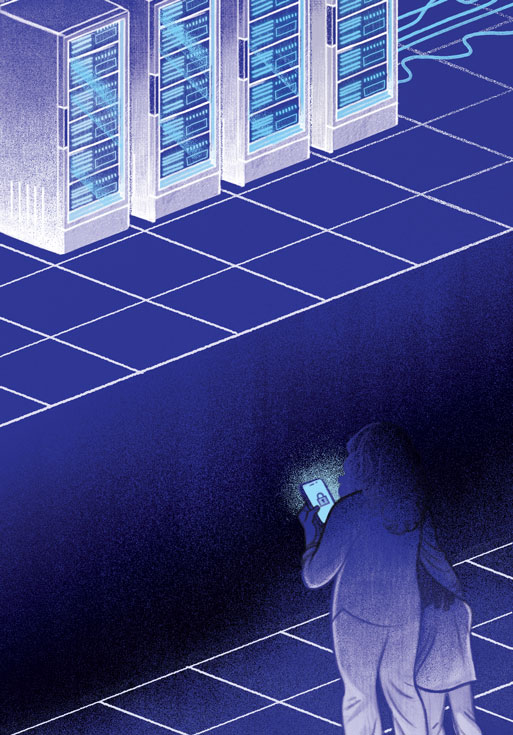 Illustration of a woman with her hand on a child's shoulder, holding a locked phone. They stand on a white grid. Across a gap, on another white grid floor, are large banks of data. The floor and colour scheme are midnight blue.