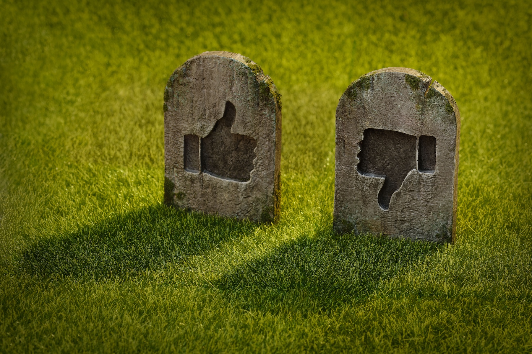 Illustration of two rounded grave stones on a background of green grass. One stone has a thumbs up, and the other depicts a thumbs down.