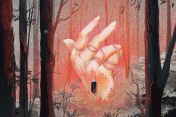 Illustration of a hand rising out of a forest drawn with muted, dark colours. The hand holds a red gem pendant and faintly glows red.