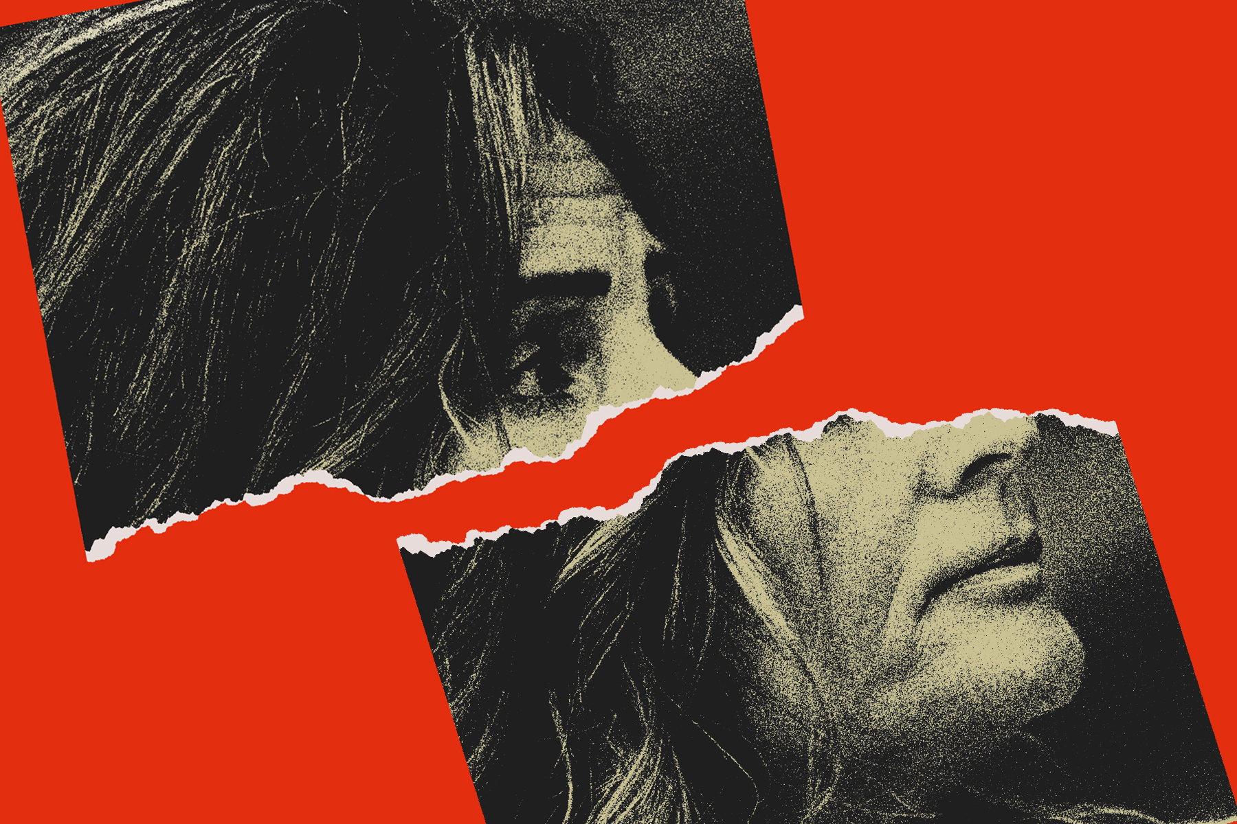 Torn-in-half, black-and-white photo of a woman's face in profile against a red background.