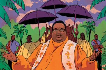 An illustration of a pastor with his hands raised, wearing an orange robe and white stole with crosses. Behind him are several people holding large dark umbrellas and tropical trees.