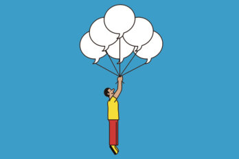 Against a sky-blue background, an illustration of a man being lifted up by a bunch of ballons shaped like speech bubbles.
