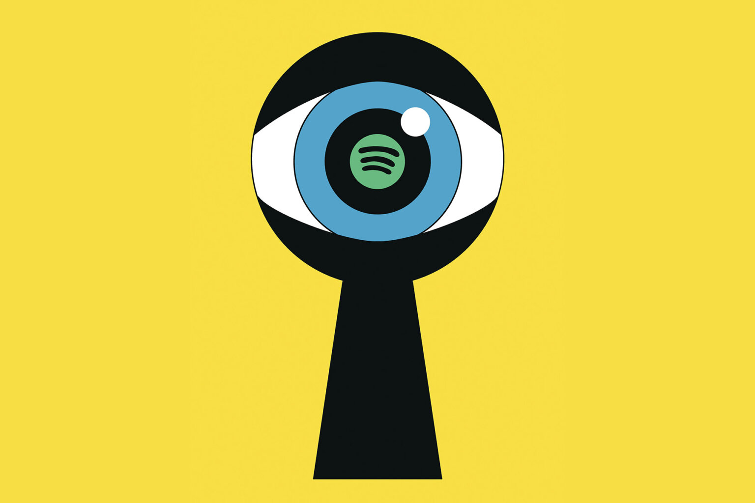 An illustration shows an eye, with the Spotify logo in its retina, peeping through a keyhole against a yellow background