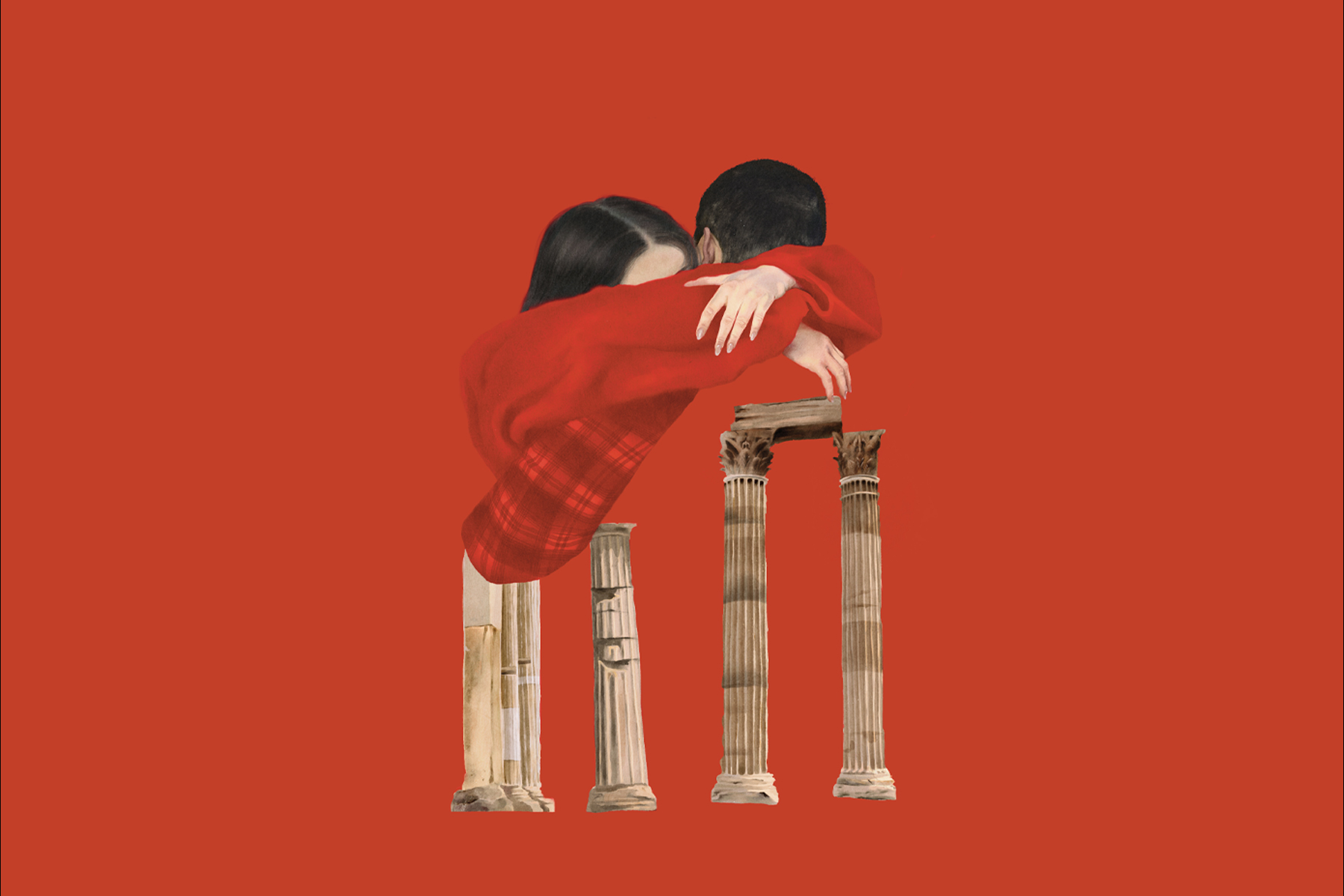 An illustration on a red background featuring ancient Greek pillars and a couple, the woman's arms around a man's shoulder, her hands crossed. Only the tops of their heads are visible