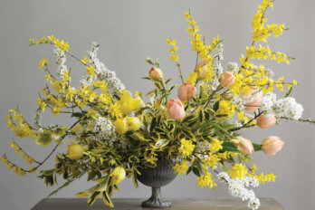 A photograph of a a large bouquet of yellow, white, and pink flowers in a small grey vase against a plain grey backdrop