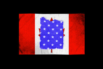 A photo illustration of a Canadian flag. The maple leap is replaced by blue and white stars from the Amercian flag
