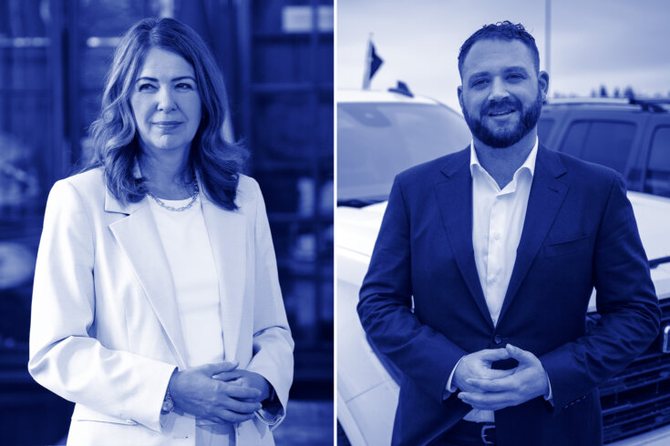 Side by side photos of Alberta premier Danielle Smith and Republican Party of Alberta leader Cameron Davies with a monochrome blue filter.
