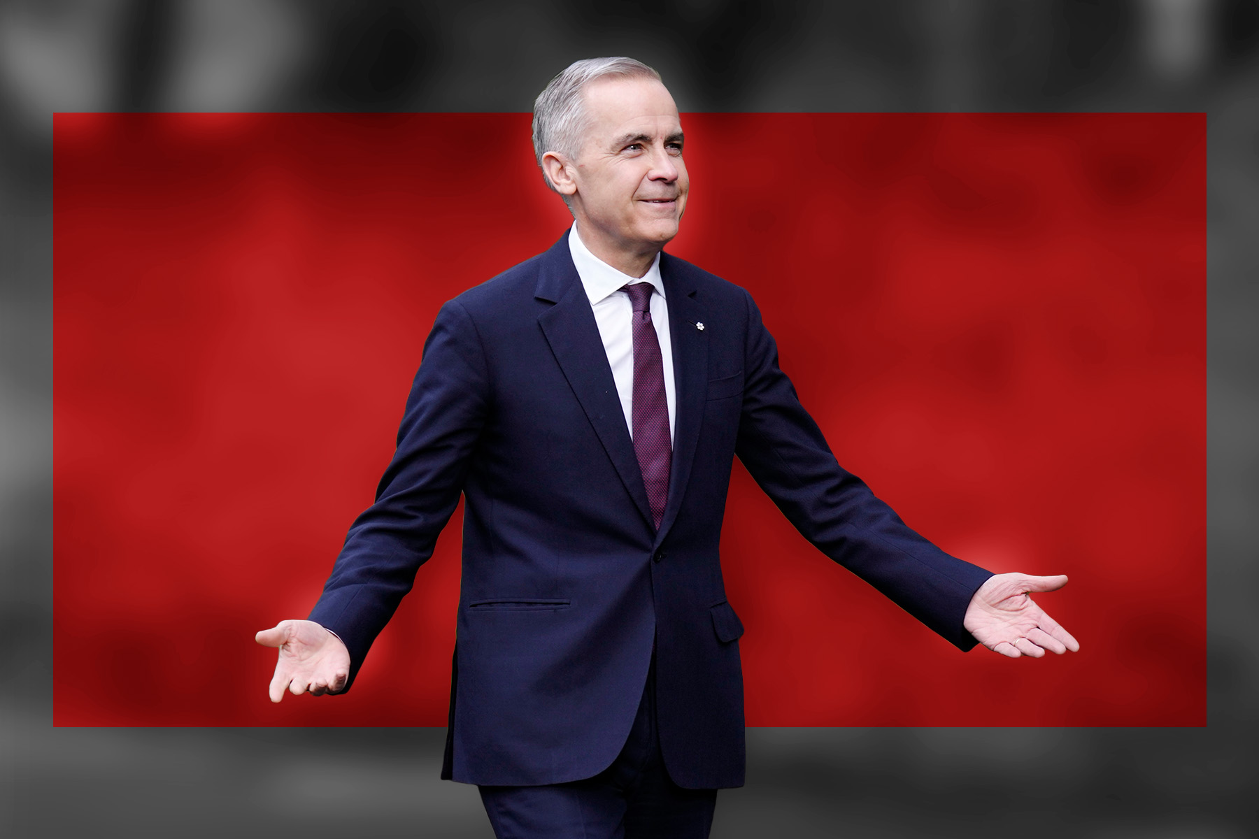 Photo of Prime Minister Mark Carney on a red background with a black and grey border.