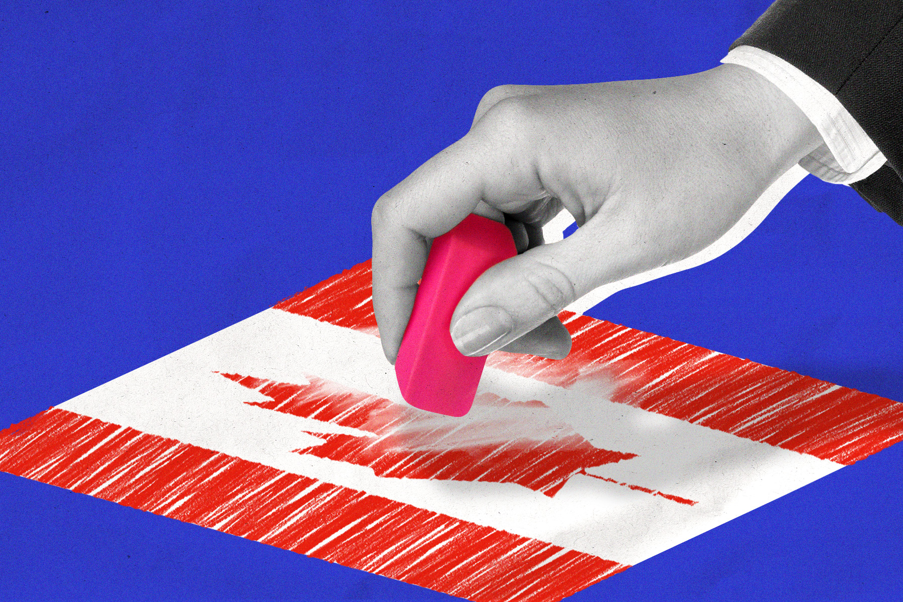 Photo of a hand erasing the maple leaf of an illustrated Canadian flag on a blue background.