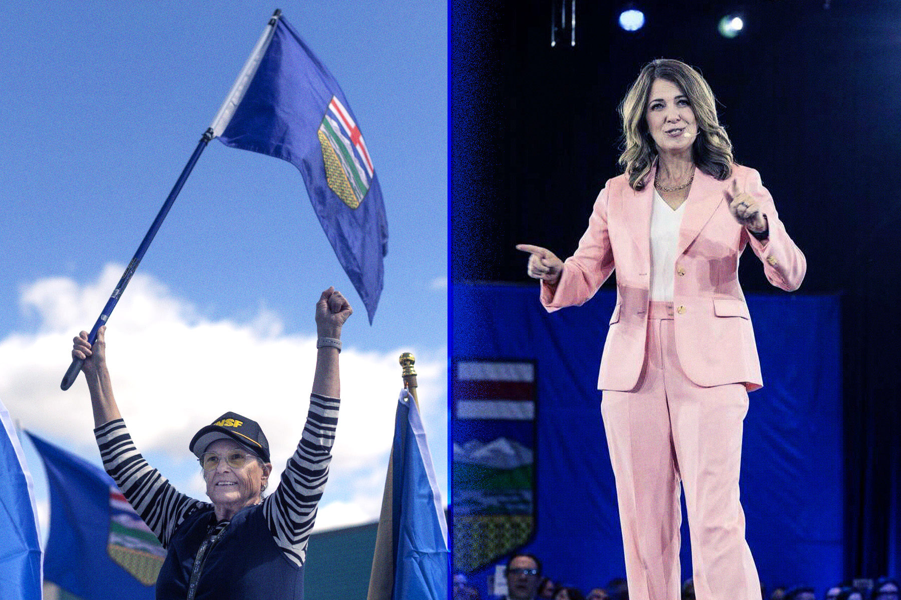 Two side-by-side images. On the left: a man with his arms in the air while holding an Albertan flag. On the right: Alberta premier Danielle Smith talking on a stage while wearing a light pink pantsuit.
