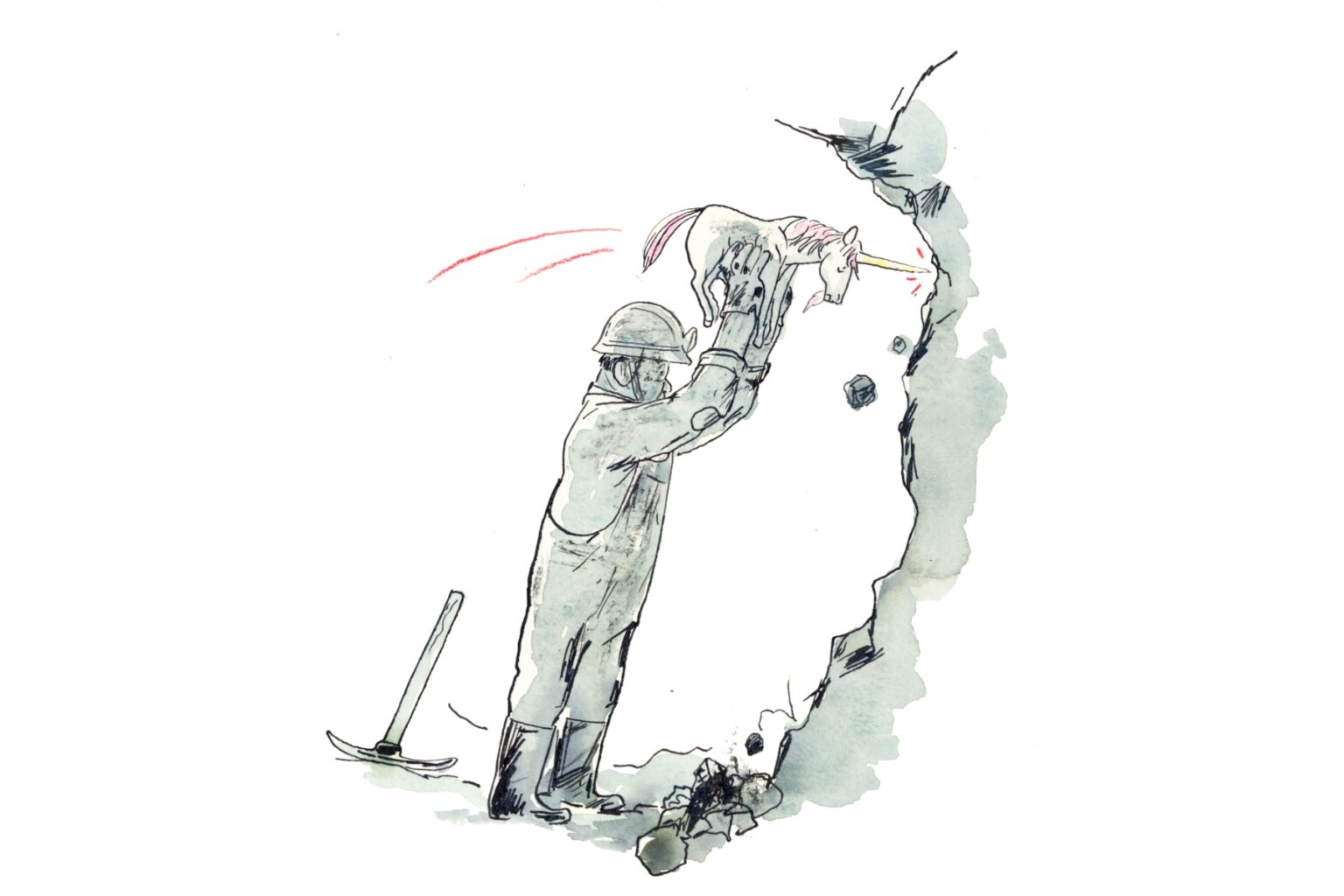 An illustration of a miner holding a small unicorn and chiseling rock with its horn.