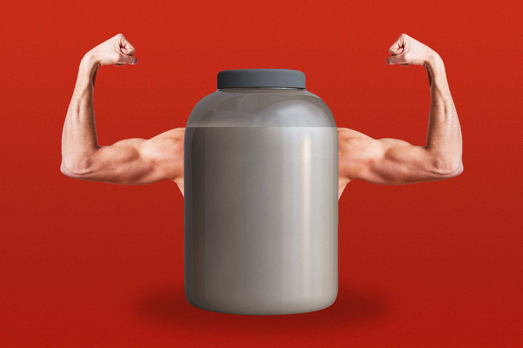 Image of a jar of powder with flexing muscled arms on a red background.
