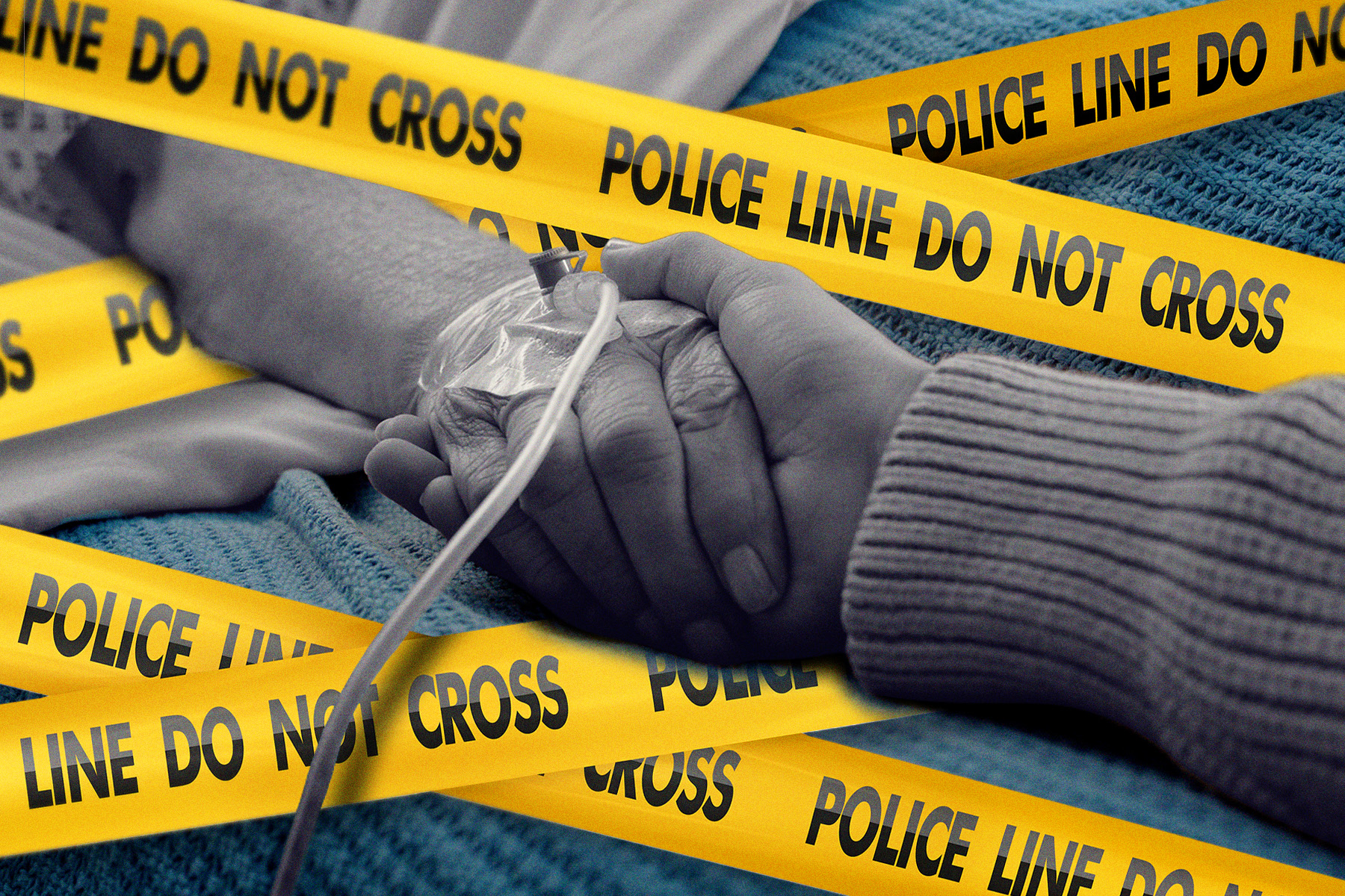 Image
of two hands holding each other in black and white; one hand has an IV tube attached. Yellow police tape crosses through the image.