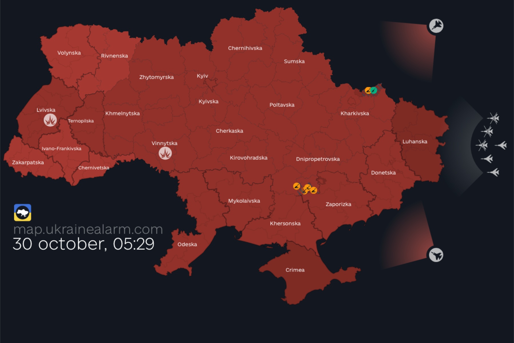 A screenshot of a map of Ukraine, each region in red 