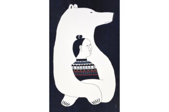 An illustration featuring a polar bear, it's paws protectively around a woman with black hair tied in a bun