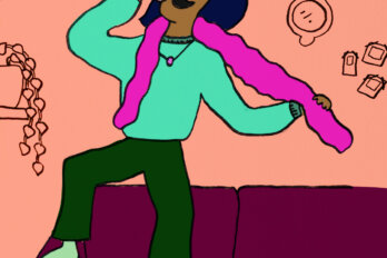 An illustration of a woman singing alone in her living room.