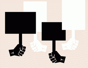 hands holding picket signs