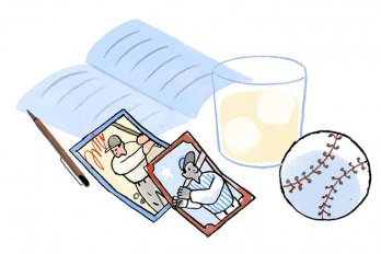 Illustration of baseball cards, an open notebook, a baseball, and a tumbler of amber liquid with ice.