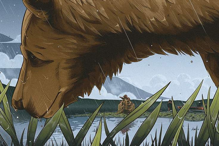 Animated illustration of a bear in the foreground with hidden hunters in the background